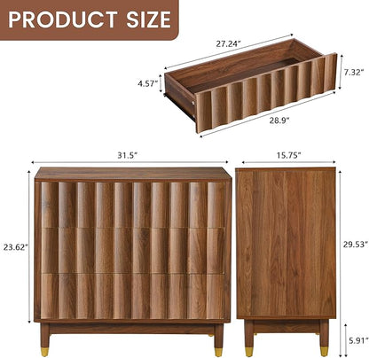 Bifins Fluted 3 Drawer Dresser, 31.5" Wide Modern Storage Chest of Drawers, Wood Drawer Organizer for Bedroom, Living Room, Hallway