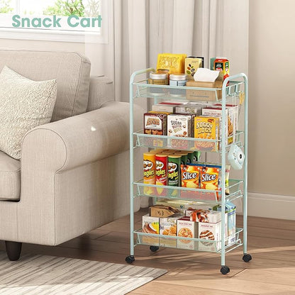 TOOLF 4-Tier Rolling Cart, Metal Utility Cart with 3 Hooks, Easy Assemble Mobile Storage Trolley On Wheels, Metal Shelving Units Kitchen Bathroom Laundry Room