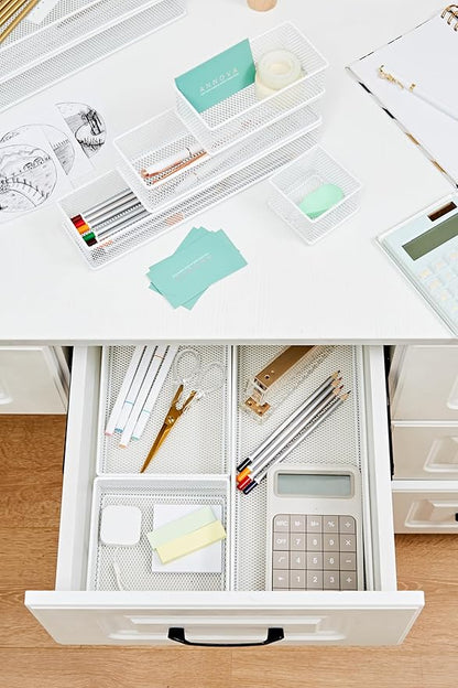 Annova Mesh Stackable Drawer Cabinet and Shelf Organizer Bins Storage Basket School Office Supply Holder Tray- Set of 2 (White, 6x9x2 Inch)