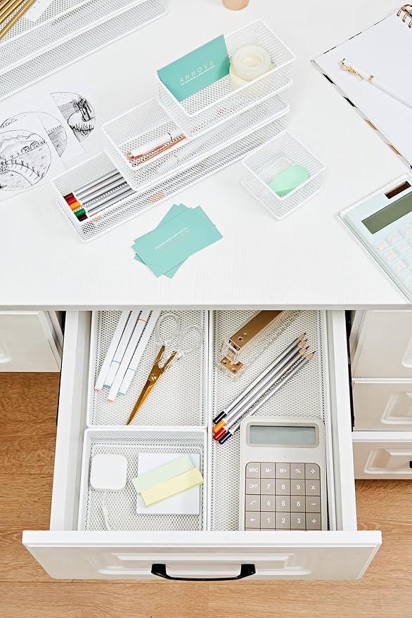 Annova Mesh Stackable Drawer Cabinet and Shelf Organizer Bins Storage Basket School Office Supply Holder Tray- Set of 2 (White, 3x6x2 Inch)