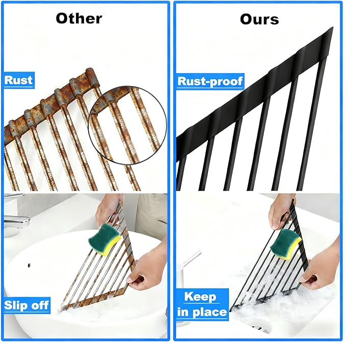 JAFLYDE Triangle Roll Up Dish Drying Rack Over The Sink, Anti-Rust with Full Silicone-Coated Stainless Steel Frame Fits, Organizer for Kitchen