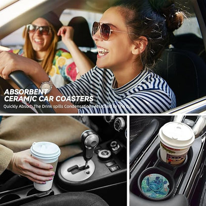 Sea Turtle Car Cup Holder Coaster 2 Pack Absorbent Ceramic Car Coasters for Cup Holders Car Accessories Interior for Women Men Universal Anti Slip Cork Base Cup Coasters with Finger Notch