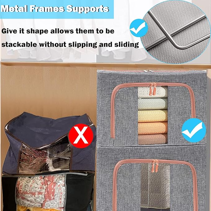 SWEERI Large Capacity Clothes Storage Bags,Stackable Storage Organizer with Foldable Metal Frame, 2-Way Zipper, Handles, Clear Window for Clothes, Bedding, Seasonal Storage (3Pack, 66L)