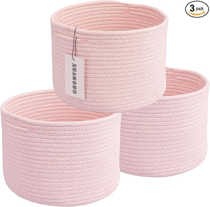 Woven Cotton Rope Storage Baskets - 3-Pack Round Bins (10x10x7'') for Shelves, Closets & Bookcases | Durable Rope Organizers for Nursery, Baby, Toys, Easter & More (pink)