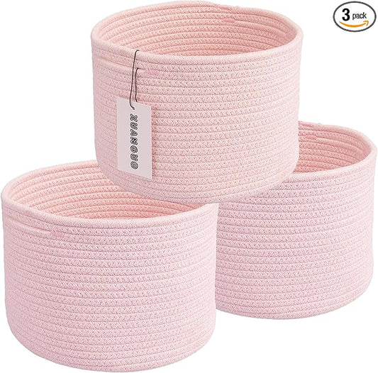 Woven Cotton Rope Storage Baskets - 3-Pack Round Bins (10x10x7'') for Shelves, Closets & Bookcases | Durable Rope Organizers for Nursery, Baby, Toys, Easter & More (pink)