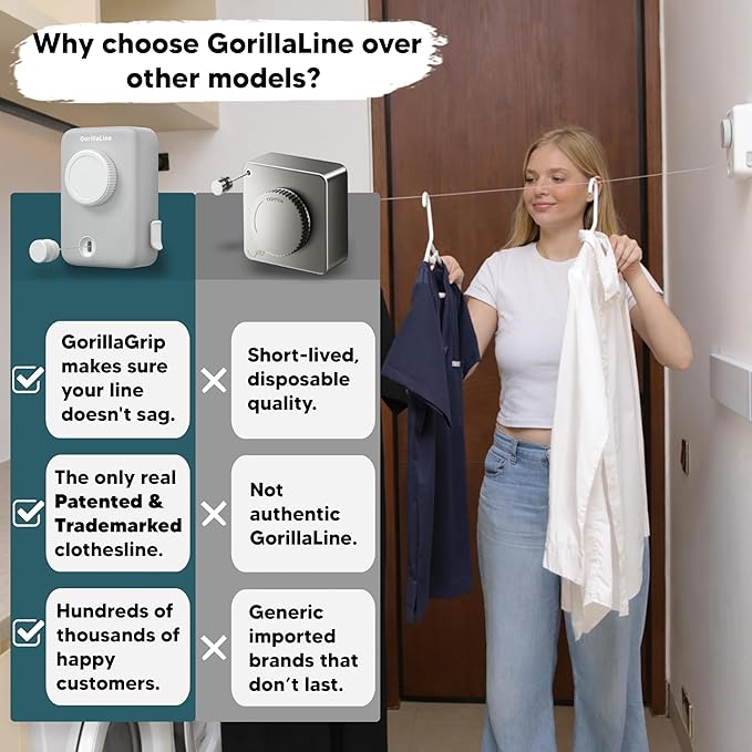 GorillaLine Max – Retractable Clothesline Indoor Outdoor, Non-Sagging Heavy Duty Clothes Drying Line, Wall Mounted Drying Rack, Air Dry Clothing, Max Tighten with GorillaGrip