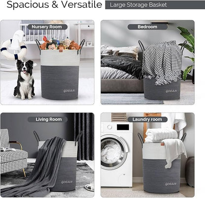 large tall sturdier Laundry Hamper Basket Woven Storage Baskets for clothes Pillows Blanket Toy in living or bed room decoration H50XD38cm grey/beige