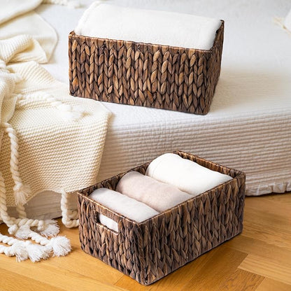 FairyHaus Wicker Basket with Handle 2Pack-15x11x7" & 13.4x9.5x6.5", Brown Water Hyacinth Wicker Baskets for Storage, Natural Hand Woven Baskets for Organizing