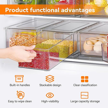 2 Pack Kitchen Storage Drawers Stackable Refrigerator Organizer Bins with Pull-out Drawer, Drawable Clear Fridge Drawer Organizer with Handle, Plastic Kitchen Pantry Storage Containers(2medium)