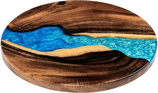 Handmade 16" Wood and Epoxy Resin Lazy Susan, Turntable for Kitchen Countertop, Rotating Display Stand, Round Wooden Platter, Organizer and Storage for Dining Table, Home Decor (River Blue)