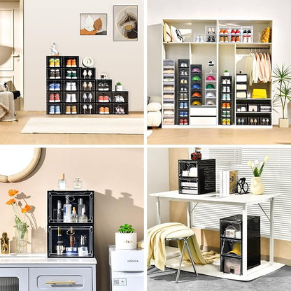 Amllas 12 Pack Shoe Boxes Stackable,Upgraded Sturdy Shoe Storage Boxes with Clear Magnetic Door,Multifunctional Sneaker Storage, Shoe Box Organizer Fit up to US Size 12 Gray(13.8”x 9.84”x 7.1”)