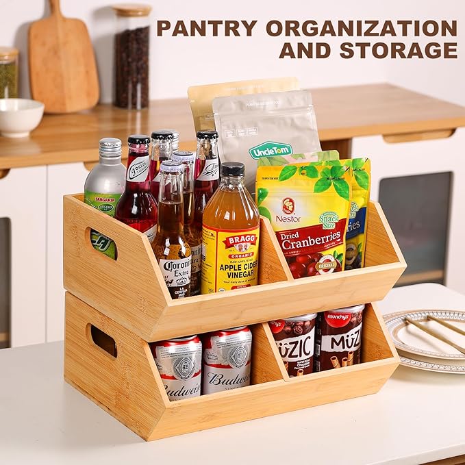 2 Set Bamboo Storage Bins, Pantry Organizers and Storage, Kitchen Countertop Organization and Storage Basket for Produce, Onions, Potatoes, Garlic, Fruits, Vegetable and Bread