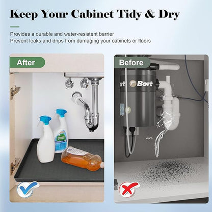 25” x 19” Silicone Under Sink Mat for Bathroom/Kitchen Cabinet Organizer Mat | Leak-Proof Waterproof Liner Pad & Anti-Spill Tray | 0.7in Edge Barrier, 3.5Gal Capacity