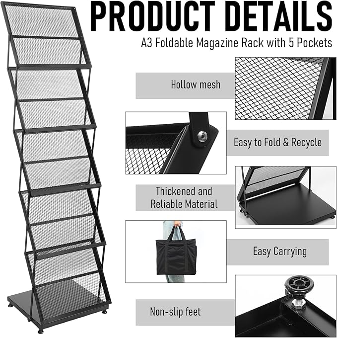 Brochure Display Stand 5-Tier Foldable Magazine Rack Portable Double A4 Size Literature Brochure Holder Magazine Rack Metal 10 Pockets with Carrying Bag for Trade Show Exhibition Office