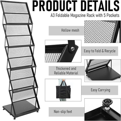 Brochure Display Stand 5-Tier Foldable Magazine Rack Portable Double A4 Size Literature Brochure Holder Magazine Rack Metal 10 Pockets with Carrying Bag for Trade Show Exhibition Office