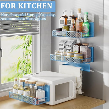 Magnetic Shelf for Washing Machine 4-Pack: Widen Magnetic Laundry Organizer (5"-6") with Hanger Organizer, Strong Magnet, Rust Proof, Heavy Duty Magnetic Spice Rack for Refrigerator (Blue)