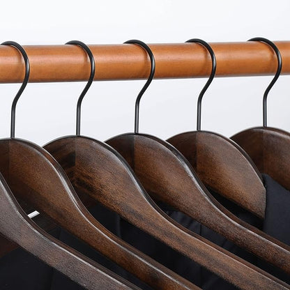 TOPIA HANGER Heavy Duty Wood Coat Hangers in Smooth Retro Finish, Boutique Quality Wooden Suit Hangers-Thicker Non-Slip Rubber Pants Bar and Extra Smoothly Cut Notches-360° Black Hook-18 Pack CT04A