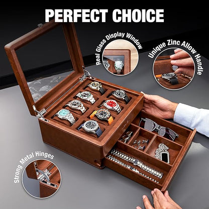 Awesometik Leather Watch Box Organizer. Real Glass Top. Luxury Watch Display & Watch Holder for Men. Watch Collection, Protection. For Men Ready to Gift (Brown/Brown, 8 Slot Watch Box with Drawer)