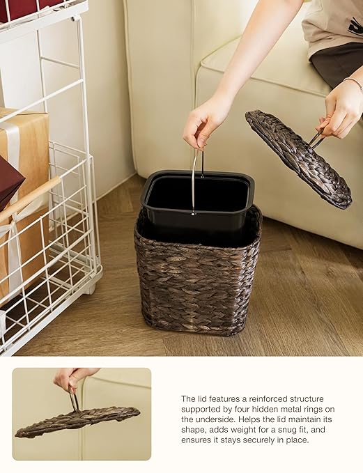 Wicker Waste Basket - Wicker Trash Can with Lid - Water Hyacinth Bathroom Garbage Can with a Lid - Bathroom Trash Can Boho Style - Removable Liner, Iron Frame (Black, 2 Gallons)