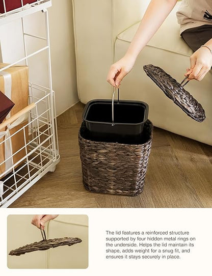 Wicker Waste Basket - Wicker Trash Can with Lid - Water Hyacinth Bathroom Garbage Can with a Lid - Bathroom Trash Can Boho Style - Removable Liner, Iron Frame (Black, 2 Gallons)