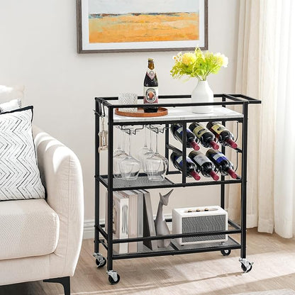 Bar Cart for Home, 3-Tier Serving Cart with Wheels and Handle, Beverage Cart with Wine Rack and Glass Holders, Rolling Wine Cart for Kitchen, Dining Room, Marble and Black RCHM6101