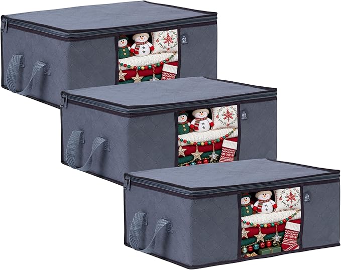 VENO 3 Pack Medium Clothes Blanket Storage Bag, Christmas Ornament Storage Container Bins for Holiday Decor for Comforters Bedding, Foldable with Sturdy Zipper, Handle, Clear Window (9.5 Gallon)