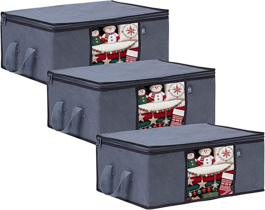 VENO 3 Pack Medium Clothes Blanket Storage Bag, Christmas Ornament Storage Container Bins for Holiday Decor for Comforters Bedding, Foldable with Sturdy Zipper, Handle, Clear Window (9.5 Gallon)