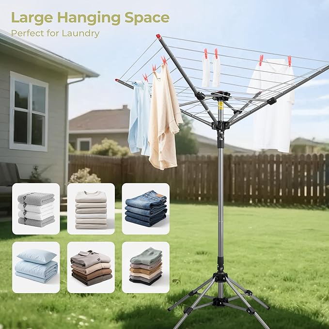 Outdoor Clothes Drying Rack, Portable Umbrella Clothesline, 4-Arm 8 Lines of 82 Ft Hanging Space, Height Adjustable Outdoor Rotary Drying Rack, Foldable Laundry Drying Rack for Backyard