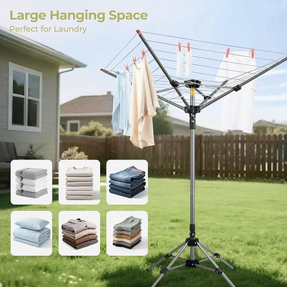 Outdoor Clothes Drying Rack, Portable Umbrella Clothesline, 4-Arm 8 Lines of 82 Ft Hanging Space, Height Adjustable Outdoor Rotary Drying Rack, Foldable Laundry Drying Rack for Backyard