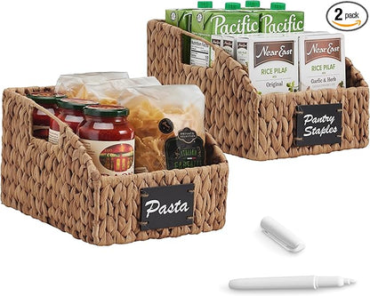 Best Choice Products Natural Hyacinth Angled Pantry Storage Baskets, Woven Wicker Storage Bins w/Handles, Storage Container Baskets for Shelves, Chalkboard Label & Marker (Pack of 2) - Chestnut