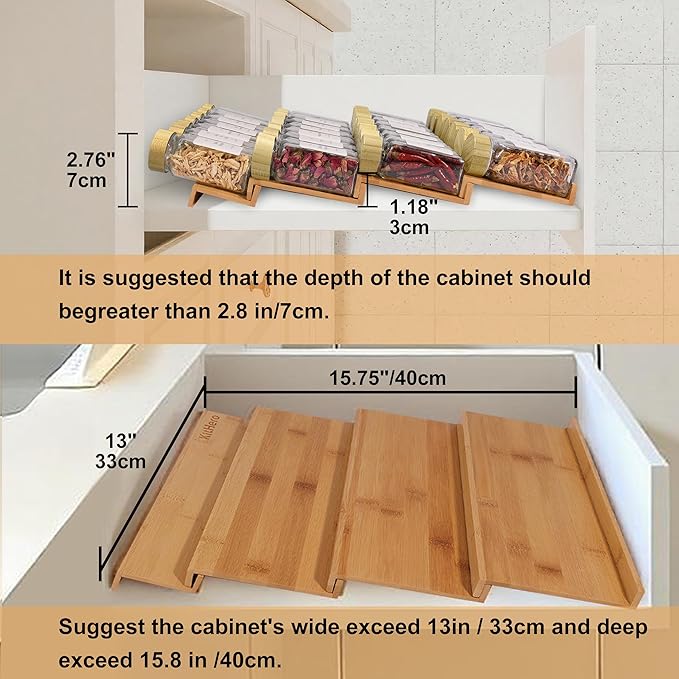 KitHero Spice Drawer Organizer with 24 Bamboo-lidded Spice Jars and 216 Labels,Non-slip Rubber, Bamboo 4 Tier Spice Racks Tray Seasoning Containers for Kitchen Drawers,Cabinets,13" Wide * 15.8" Deep