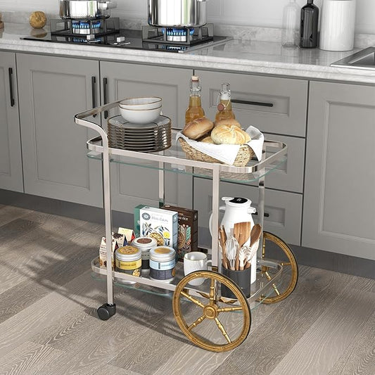 Giantex 2-Tier Bar Cart, Stylish Rolling Serving Cart w/Tempered Glass Shelves, 2 Large Aluminum Front Wheels, Stainless Steel Frame, Mobile Storage Shelf, Home Trolley Cart for Kitchen, Dining Room