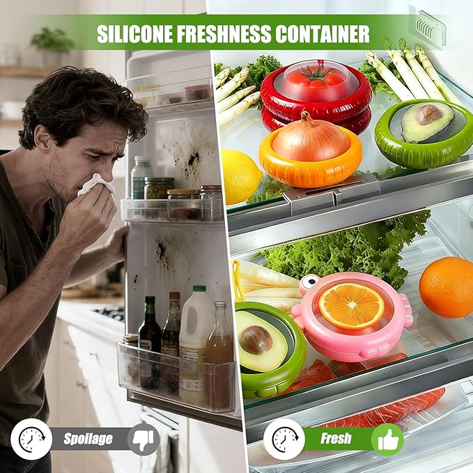 Set of 6 Fresh Food Containers with 1 Fruit Peeler, Fresh Pod, Reusable Silicone Storage Pods for Avocado, Onions, Tomatoes, Garlic – Freshness Seal for Fridge, Send Goods from Local Warehouse