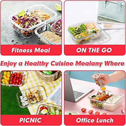 VERONES 10 Pack Glass Meal Prep Containers 2 Compartment Set, 30 OZ Airtight Glass Lunch Containers, Food Storage Containers with Lids, for Microwave, Oven, Freezer & Dishwasher Friendly，Red