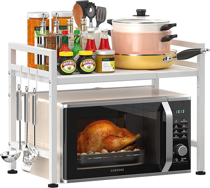 PUSDON Extendable Microwave Oven Rack, Adjustable Microwave/Toaster Shelf Heavy Duty Stand Kitchen Counter Top Organizer(L15.7~23.6" xW12.6 xH18.9), 2-Tier with 3 Hooks, 160lbs Weight Capacity, White