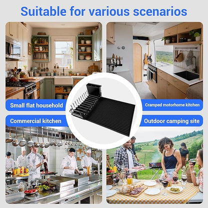 WZGUSXN Dish Drying Rack, Stainless Steel Expandable Over/in Sink & Countertop, Space Saving Collapsible Rust-Proof Rack with Silicone Mat Cutlery Holder for Kitchen/RV/Commercial Use (14.56-18.5" L)