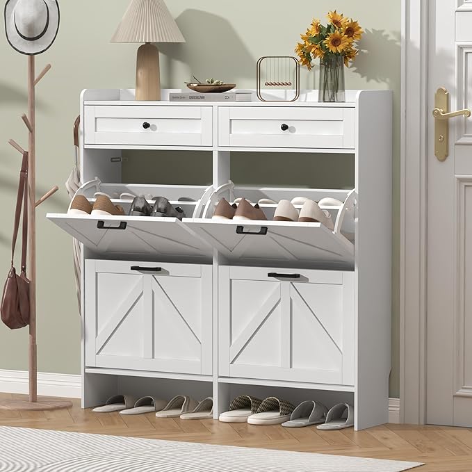 Shoe Cabinet with 4 Flip Drawers & 2 Storage Drawers, Rustic Farmhouse Narrow Shoe Organizer Cabinet, Slim Shoe Rack Cabinet, Shoe Storage Cabinet for Entryway, Hallway, Front Door