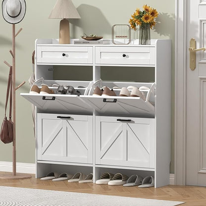 Shoe Cabinet with 4 Flip Drawers & 2 Storage Drawers, Rustic Farmhouse Narrow Shoe Organizer Cabinet, Slim Shoe Rack Cabinet, Shoe Storage Cabinet for Entryway, Hallway, Front Door