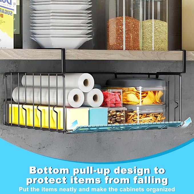 Hanging Under Shelf Storage Basket, 1 Pack Foldable Under Cabinet Metal Desk Storage Wire Rack Organizer for Kitchen Pantry Bookshelf Office Home, Easy to Install Slide-in Under Shelves ﻿ ﻿ (1, Black)
