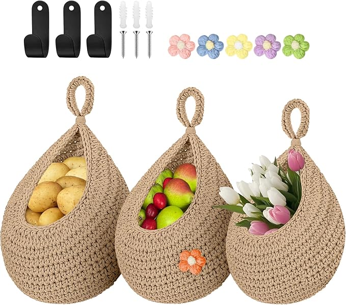 Boho Hanging Fruit Baskets for Kitchen with Hooks and Deco Flowers, 3 Pack handwoven Cotton hanging basket, Wall Basket for Vegetable Potato Onion Home Produce Storage (brown)