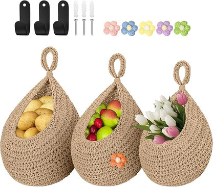 Boho Hanging Fruit Baskets for Kitchen with Hooks and Deco Flowers, 3 Pack handwoven Cotton hanging basket, Wall Basket for Vegetable Potato Onion Home Produce Storage (brown)