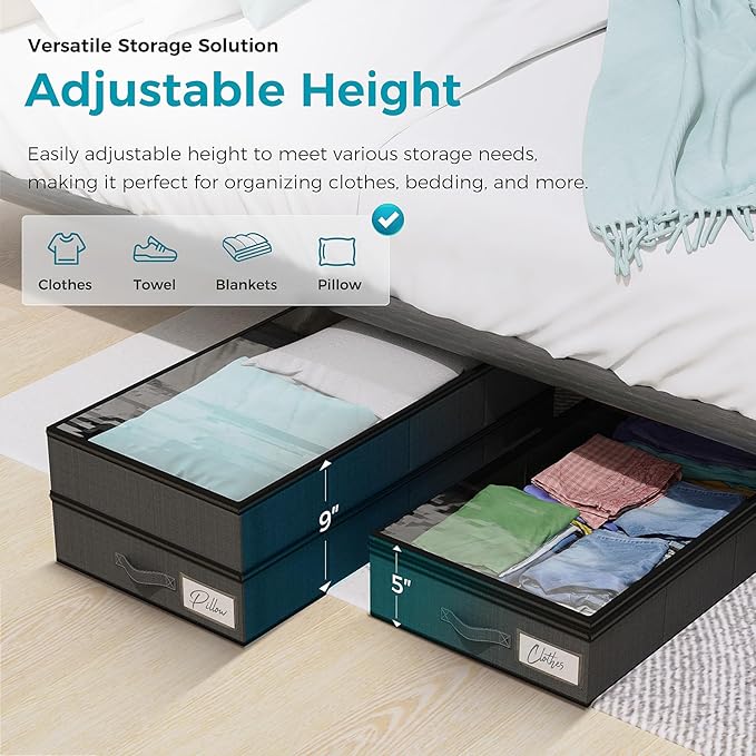 2 Pack Under Bed Storage Containers, Double Layer Underbed Storage Bins for Extensible Closed Design,Clothes Storage Bins with Sturdy Sidewalls/Bottom and PVC Clear Window for Shoes Storage Organizer