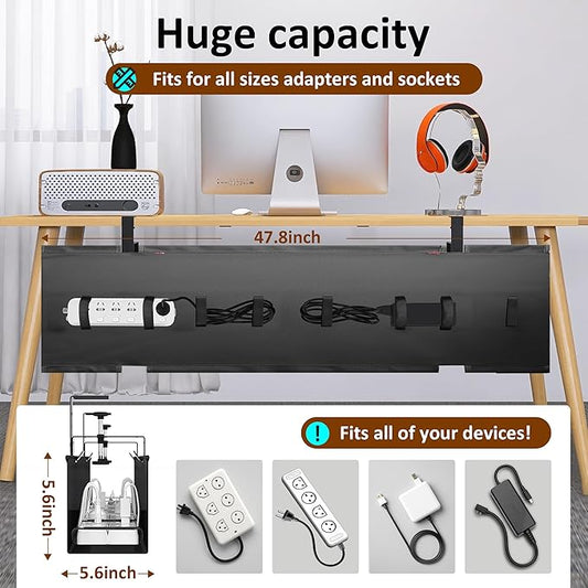 48" Gaming Under Desk Cable Management Tray, Black No Drill Cord Organizer for PC Setup, Large Anti-Sag Wire Hider, Stealth Cable Management Net for Battlestation (Black, 47.8")