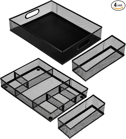 4 Pack Desk Drawer Organizer Tray Set - Black Metal Mesh Desk Drawer Organizers and Accessories with Adjustable Dividers for Office Supplies Storage