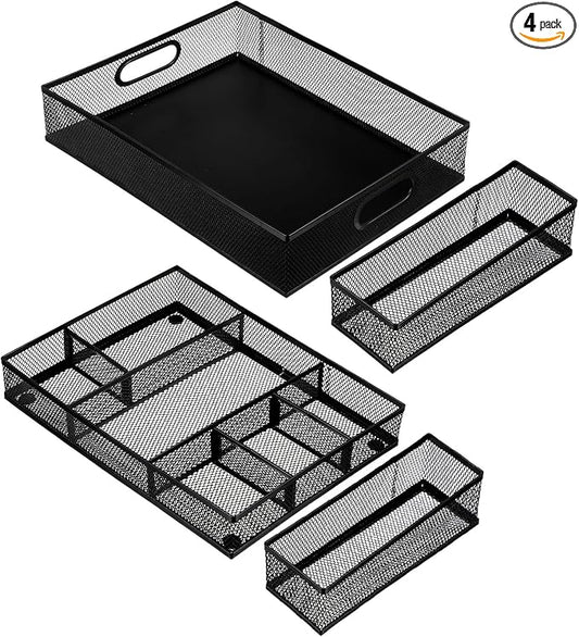 4 Pack Desk Drawer Organizer Tray Set - Black Metal Mesh Desk Drawer Organizers and Accessories with Adjustable Dividers for Office Supplies Storage