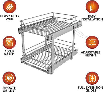 2-Tier Pull Out Cabinet Organizer (17" W x 22" D), Pull Out Shelves and Drawer for Kitchen Pantry Storage Basket, Heavy-Duty Metal Sliding Shelf, Chrome Finish