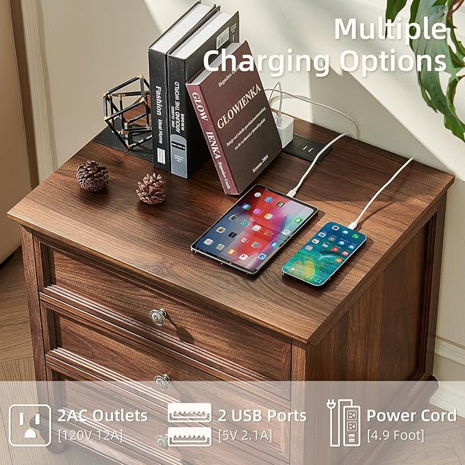 Joaxswe Farmhouse Nightstand Set of 2 with Charging Station, 24" Wide End Table with 3 Drawers,Dresser for Bedroom,Bed Side Table Chest of Drawers Cabinet,Wood Brown Night Stand for Living Room