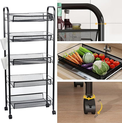 Fruit Vegetable Storage Basket,5 Tier Kitchen Storage Cart with 360 Degree Wheels, Fruit Vegetable Produce Basket Storage Organizer Stackable Metal Mesh Storage Basket for Kitchen, Pantry,