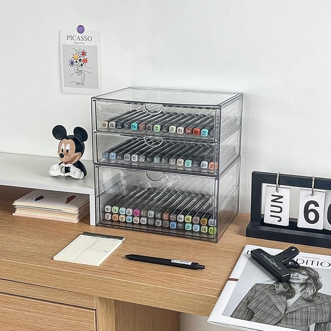 NINEWEEN Clear Desk Drawer Organizer, 2 Pack Plastic Home Office Accessories Storage Box for Marker, Cards, Stationery, Crafts, Makeup, Bathroom Supplies, Coffee Pods, Pet Snacks (3 Drawers)
