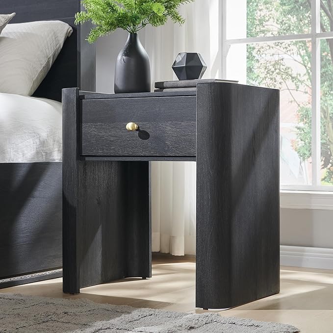 IFGET 23.6" Tall Modern Nightstand with Charging Station, 22" Wide Curved Bedside Table with 1 Storage Drawer, Wooden Night Stand, Large End Table for Bedroom, Living Room, Dark Grey
